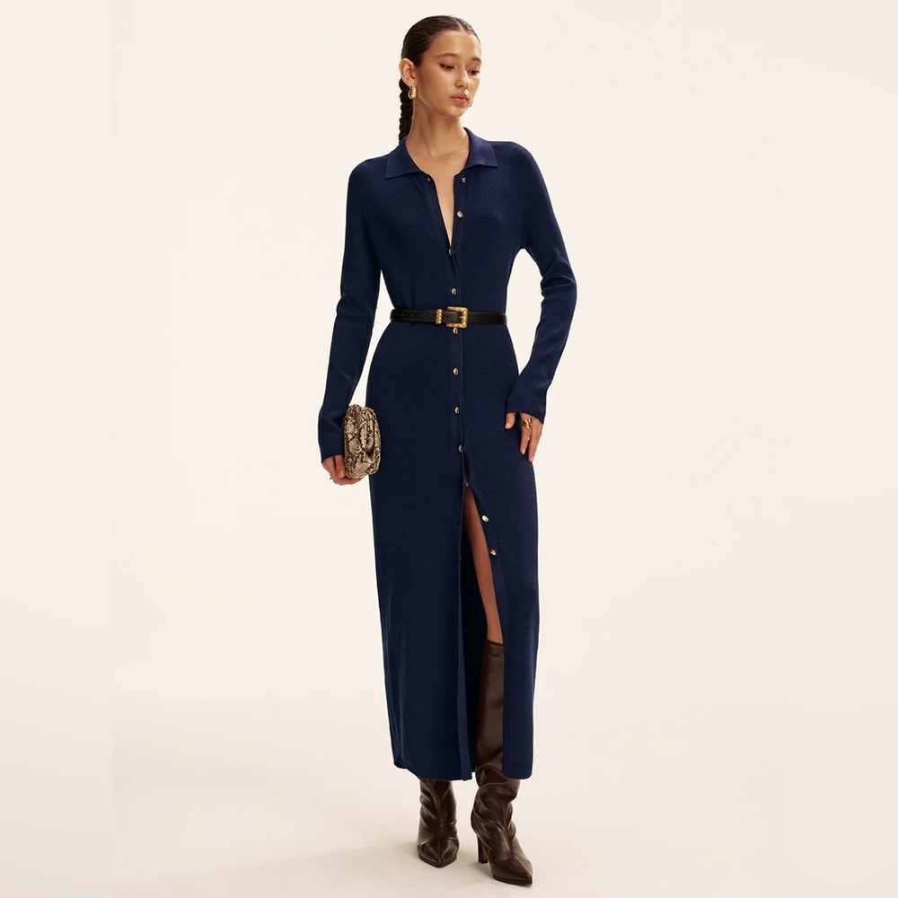 Commense Navy Ribbed Knit Maxi Dress Long Sleeve Button‎ Front Sweater Dress S